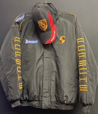 Vintage Porsche Motorsport Racing Jacke Bomberjacke Schwarz-Gelb + Cap Retro XL