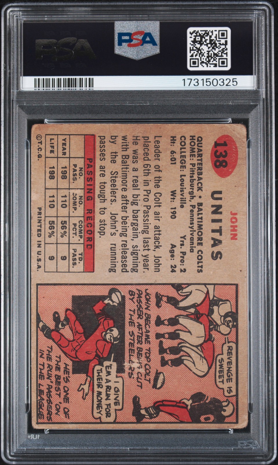 1957 TOPPS #138 JOHN UNITAS PSA 1 view 2