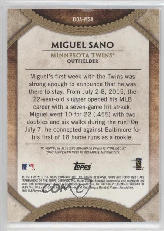 2017 Topps Tier One Break Out Auto /90 Miguel Sano #BOA-MSA Auto - Image 2 of 2