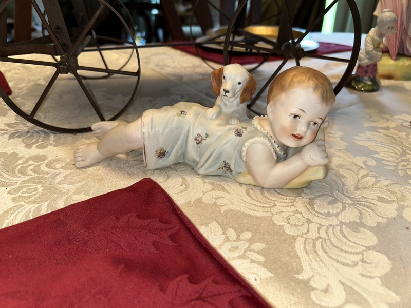 Antique 9-inch Bisque Piano Baby Reclining Figurine with Dog - Gold Trim