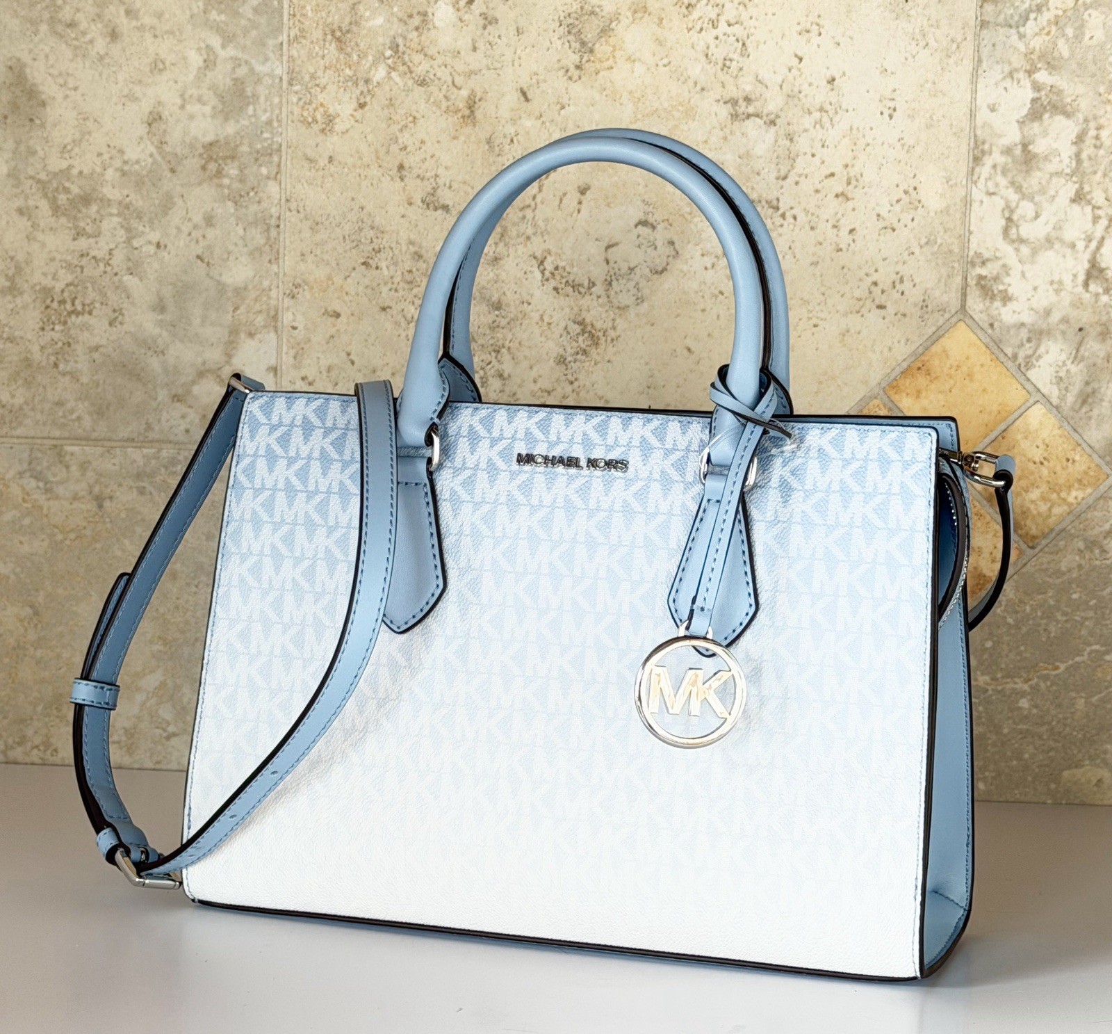 Michael Kors Sheila Medium Satchel Shoulder Crossbody Bag MK Ombre Light Sky thumbnail 14