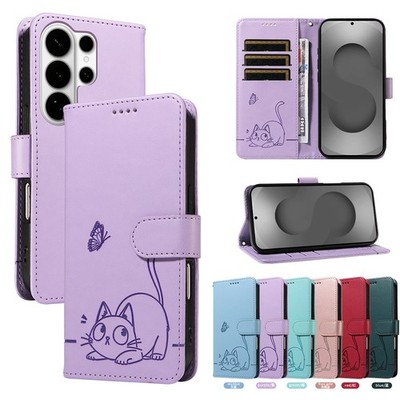 For Samsung S30 S26 S25 S24 S23 S22 Embossed Kitten Pattern Leather Phone Case