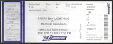 Tampa Bay Lightning vs Montreal Canadiens ticket stub February 12 2013