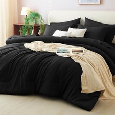 CozyLux Queen Comforter Set Black, 7 Pieces Bed in a Bag Queen, Black