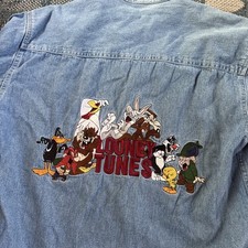 VTG 90  s bug Bunny Warner Bros Studio Looney Tunes Embroidered Denim Shirt XS