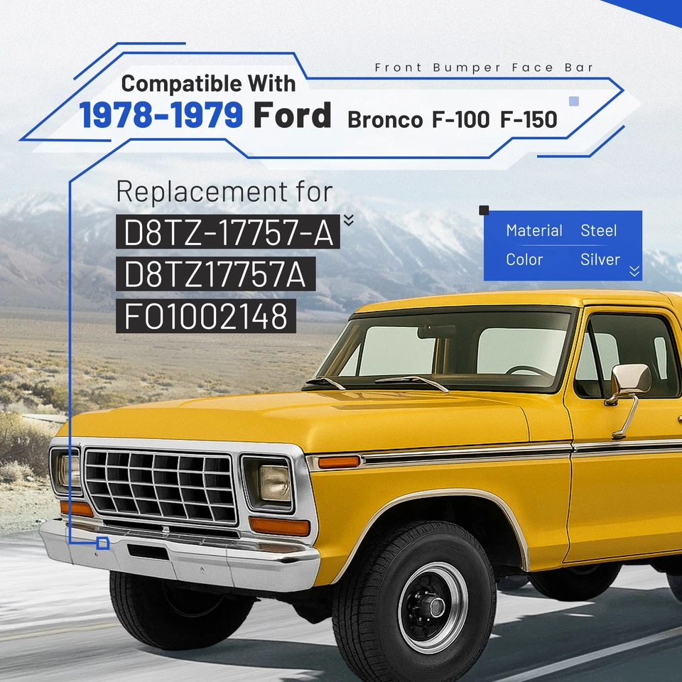 Chrome Front Bumper Face Bar For Ford Bronco F-100 F-150 1978 1979丨FO1002148 NEW Foto 2 de 4