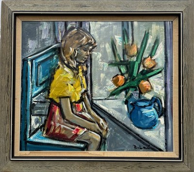 Expressionist Bent Lauridsen Kinderporträt Mädchen am Fenster sitzend Ölbild 