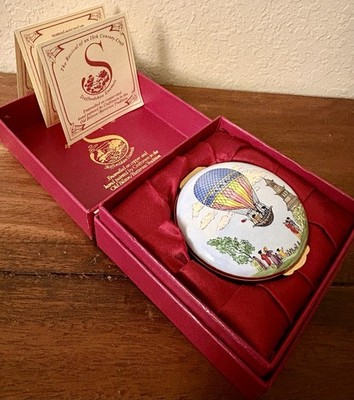 Vintage Crummles Enamel Trinket Pill Box Hot Air Balloon Flight Original Box