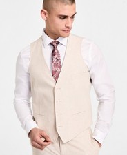 Bar III Mens Slim fit Button-Up Suit Vest Small Beige Solid Linen