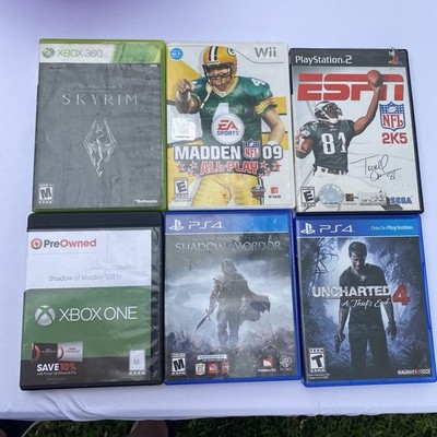 Video Game Lot Of 6 Wii, PS4, PS2, XB1, XB360 Shadow Or Mordor, Skyrim, Sports