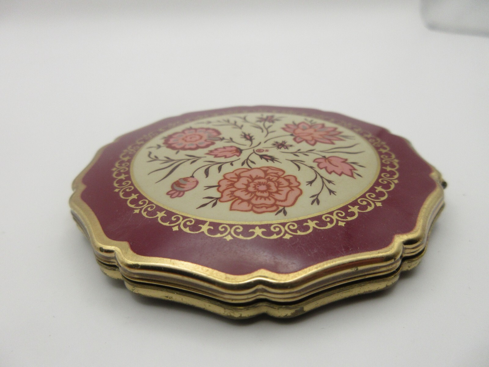 Vtg Stratton England Burgundy Floral Rose Powder Compact w/ Mirror Gold UK