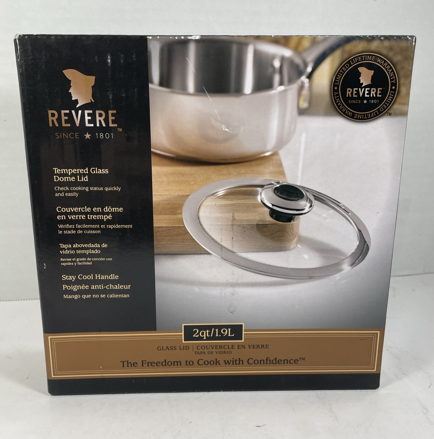 RARE Revere Ware 2 qt/1.9 L Tempered Glass Dome Lid NEW IN BOX VERY GOOD