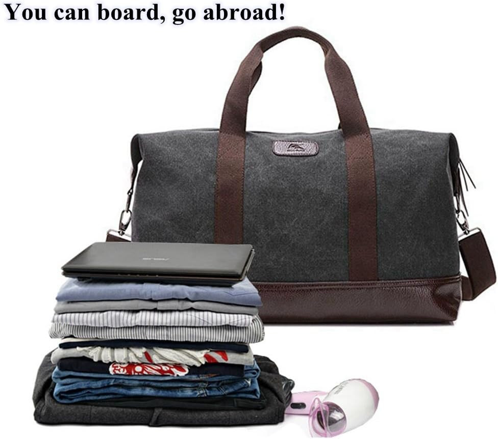 Classic Weekender Overnight Duffel Bag Canvas Leather Carry on Travel Tote (Blac