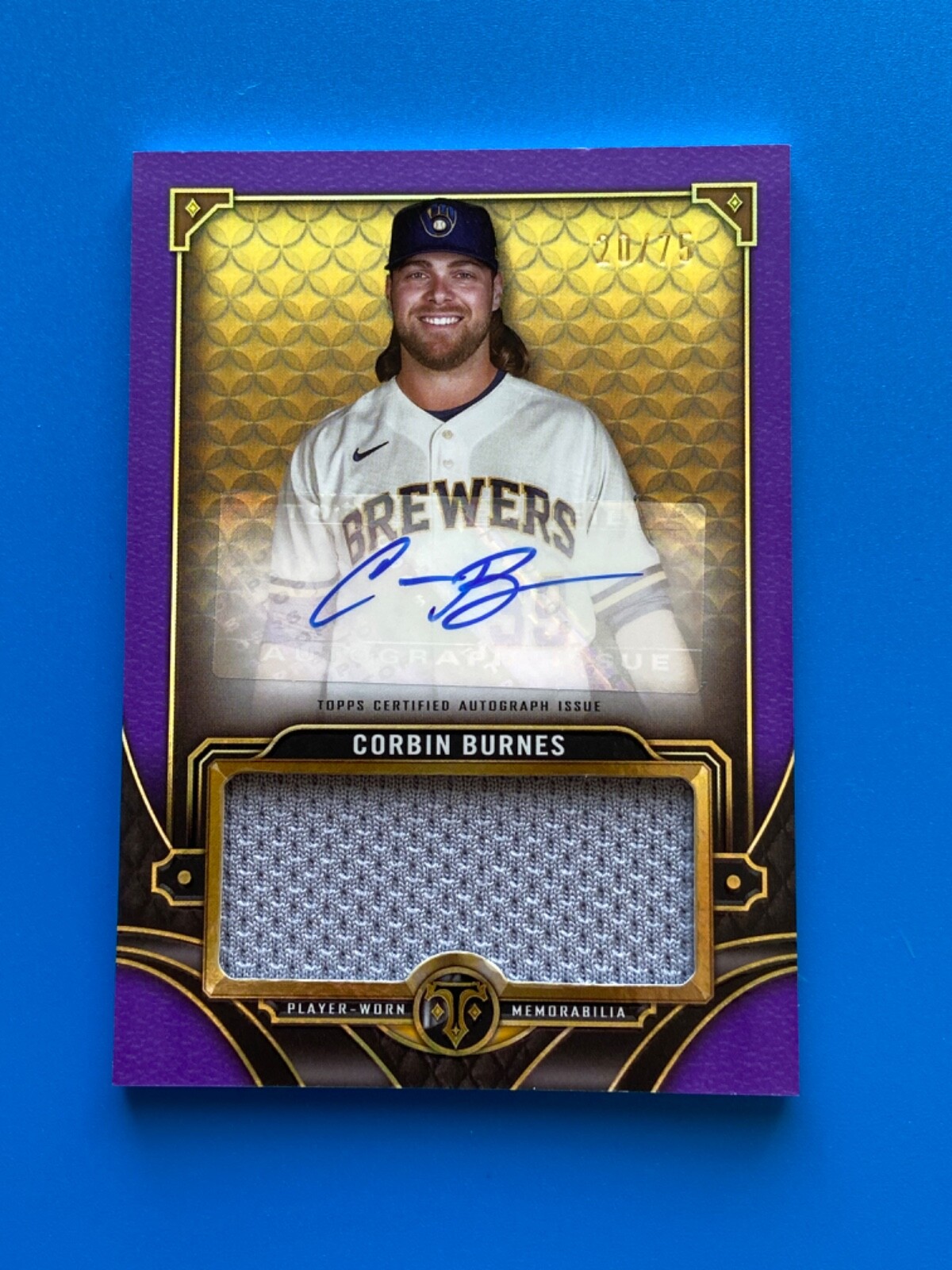 2022 Topps Triple Threads Corbin Burnes Amethyst Jumbo Relic Auto 75