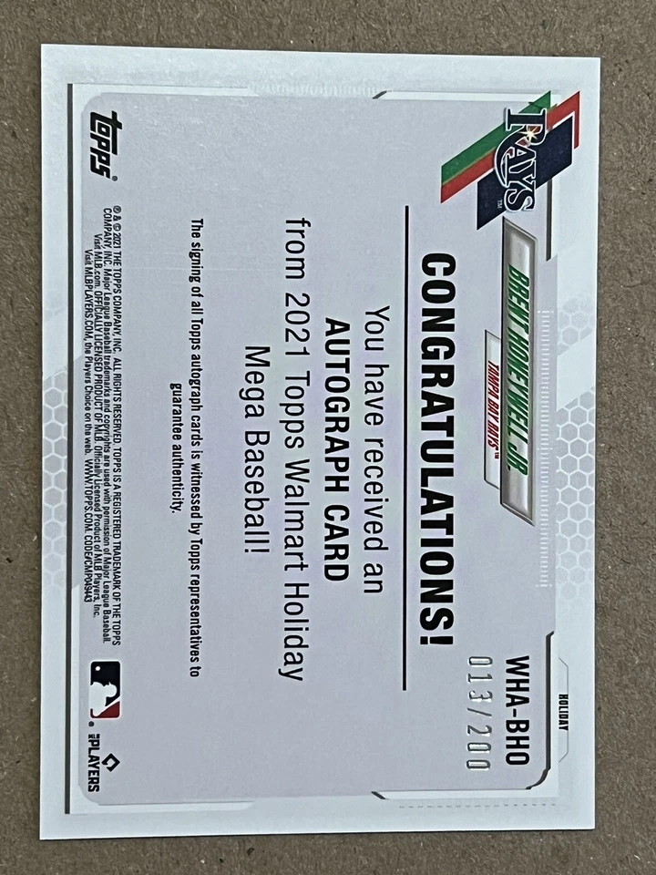 2021 Topps Holiday Auto #WHA-BHO Brent Honeywell Jr. RC Rookie Card SN 013/200💎 - Image 2 of 4