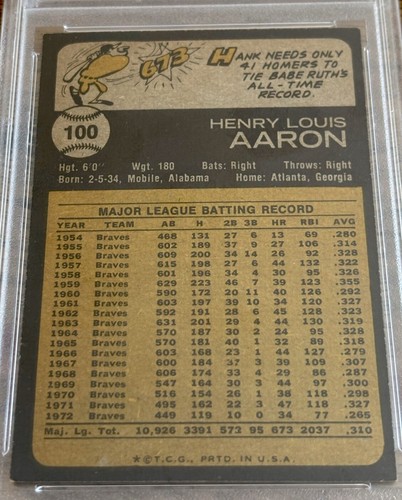 1973 TOPPS #100 HANK AARON NM-MINT++ PSA 8.5 (GORGEOUS PACK FRESH CARD!) - Afbeelding 2 van 2