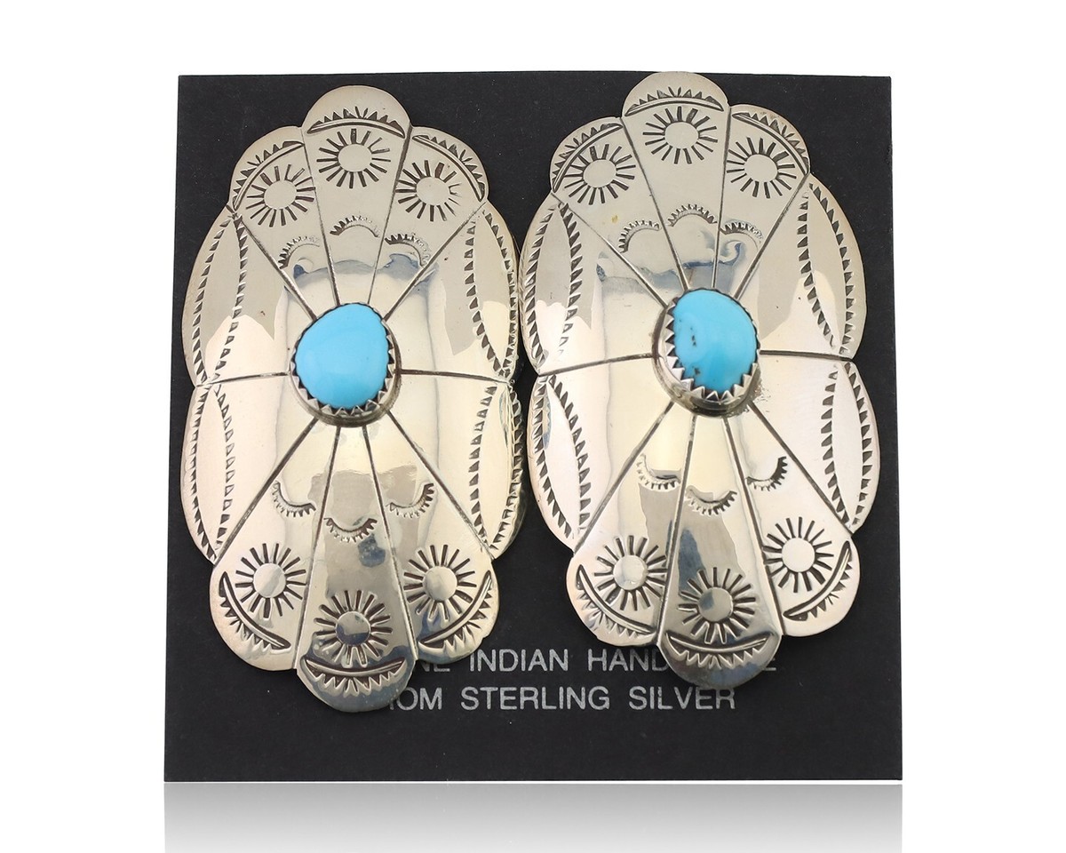 Navajo Hand Stamped Shield Earrings 925 Silver Turquoise Native 