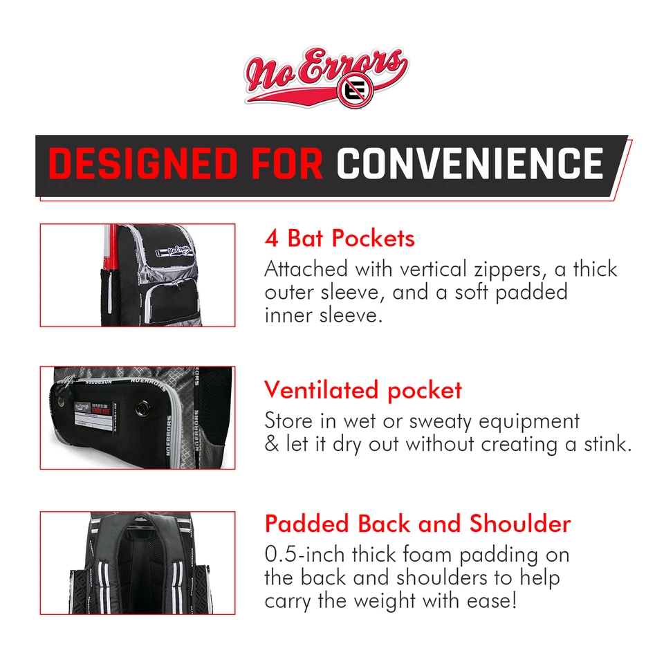 No Errors Top Pick Baseball & Softball Backpack Holds DualGloves, 4 Bats,Helmet - Image 3 of 4