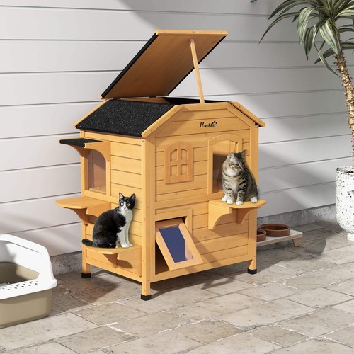 PawHut Wooden Cat House Condos Cat Cave Pet Shelter 2 Floor Villa Outdoor Furnit - 第 2/6 張圖片
