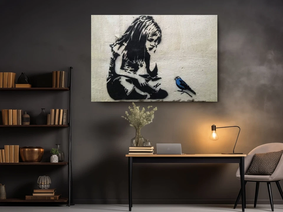 Banksy 帆布印花女孩蓝色鸟大号可悬挂城市艺术 — 第 2/4 张图片