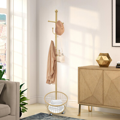 Coat Rack, Entryway Coat Hanger Stand with Storage Basket