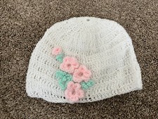 Vtg Child Kid Toddler Baby Winter Hat Flower Pink White Green Cap Crochet