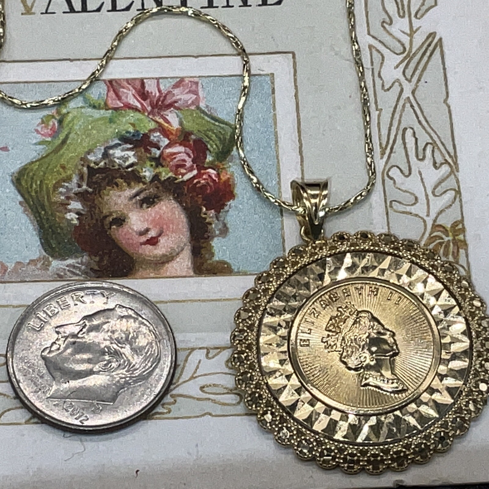 18K Queen Elizabeth II Pendant On 18K Fancy Chain - image 2