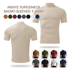 Men Roll Turtle Neck T-shirt Solid Jumper Lightweight Short Sleeve Top Tee Basic