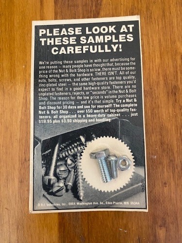 Vintage Nut & Bolt Shop Hardware Sample Collectible Advertising Machinist Screws