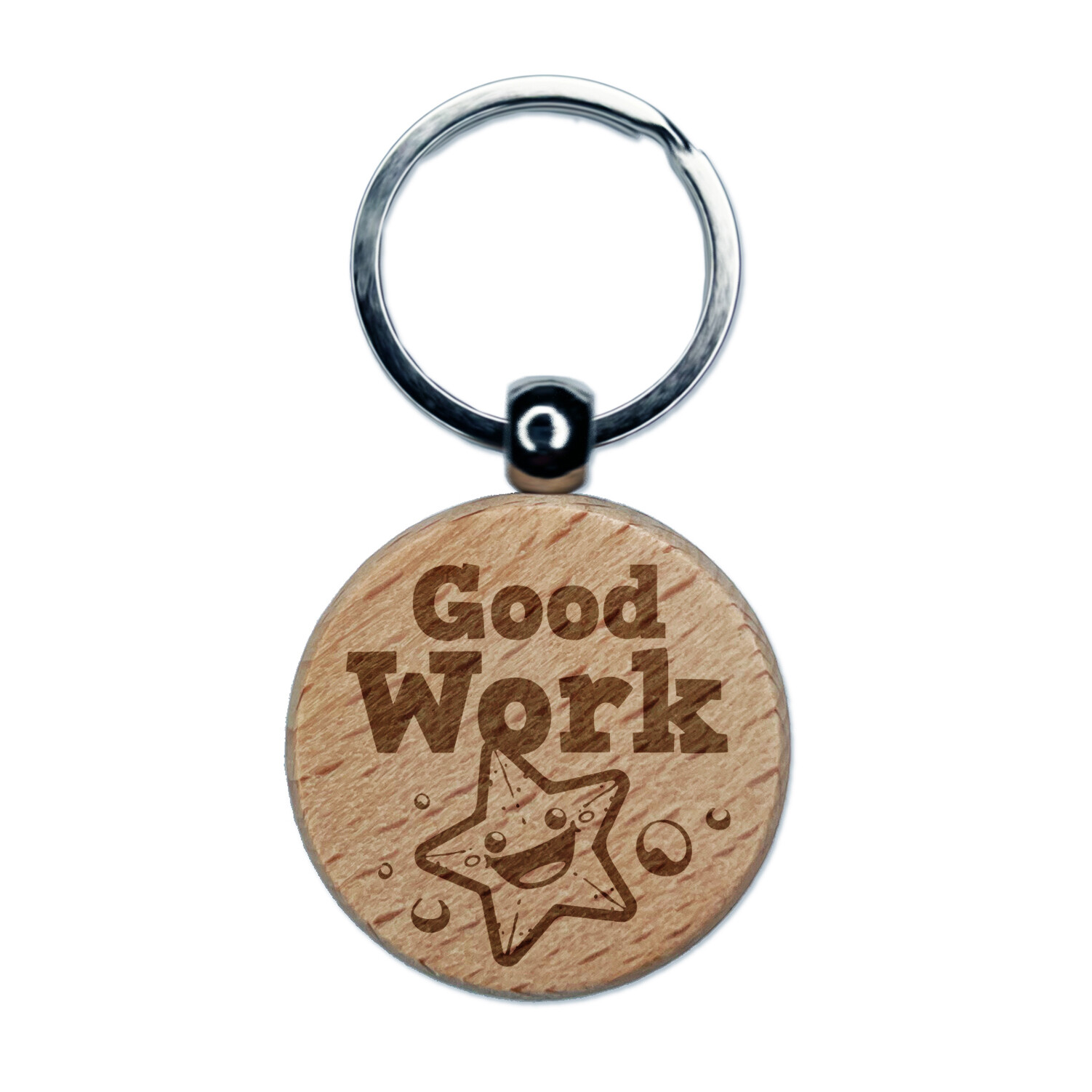 Good Work Starfish Teacher Student Engraved Wood Round Keychain Tag Charm