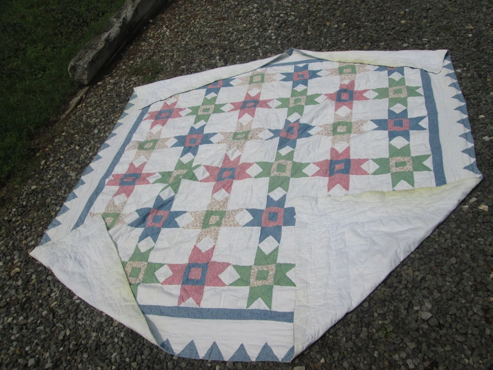 VINTAGE PATCHWORK MORAVIAN STAR QUILT BLOCK BED SUMMER COTTON SAW TOOTH BORDER - Image 2 of 4