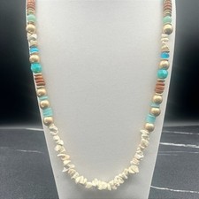 Vintage 80s Boho Southwestern Necklace White Jasper Chips Turquoise Glass Beads