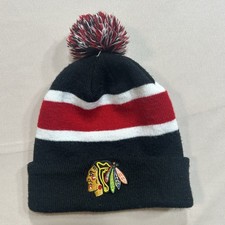 Chicago Blackhawks NHL Jersey Stripe Pom Beanie Hat Fan Favourite OSFA