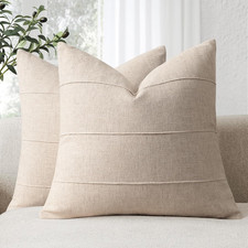 Decorative Linen Throw Pillow Covers 18X18 Set of 2 Solid Handcrafted Striped Cu