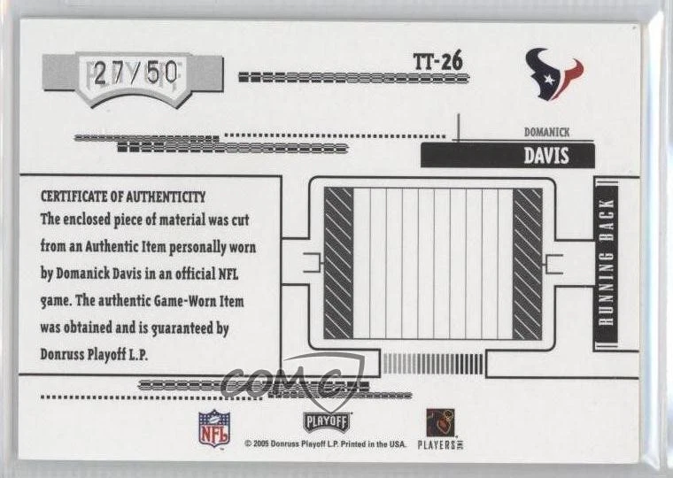 2005 Playoff Absolute Memorabilia Blue Materials /50 Domanick Davis #TT-26 - Image 2 of 2