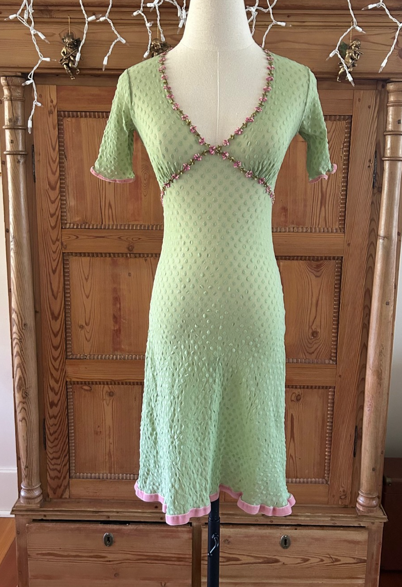 Vintage Betsey Johnson Green Swiss Dot Dress Pink Gathered Ribbon Floral  Trim M | eBay