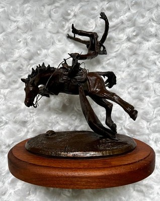 Bud Boller Slingshot Bronze Sculpture 1972 #13/50 Bucking Bronco Cowboy Wood Bas