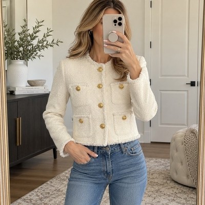 MNG Mango Women's XS Cream Tweed Cropped Jacket Gold Buttons 4 Pocket