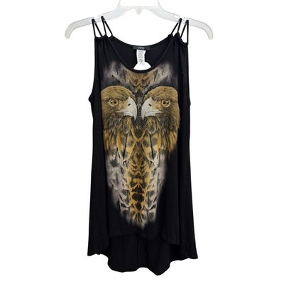 Vtg Issi Black Eagle Graphic Embellished Open Back High Low Sleeveless Top M