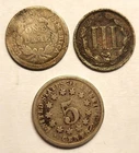 Three Coins; 3c Nickel, Seated Liberty 10c, Shield Nickel; these have issues