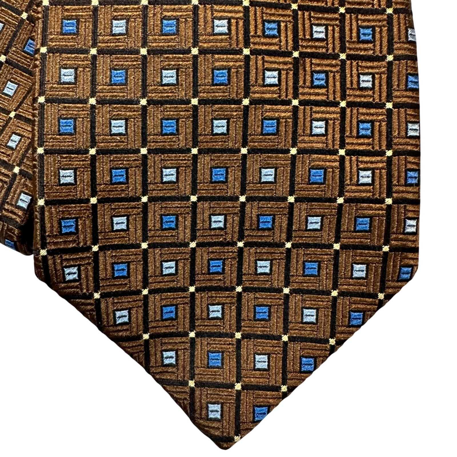 XMI Nordstrom Mens Silk Tie Brown Blue Geometric Square Pattern Hand Made USA