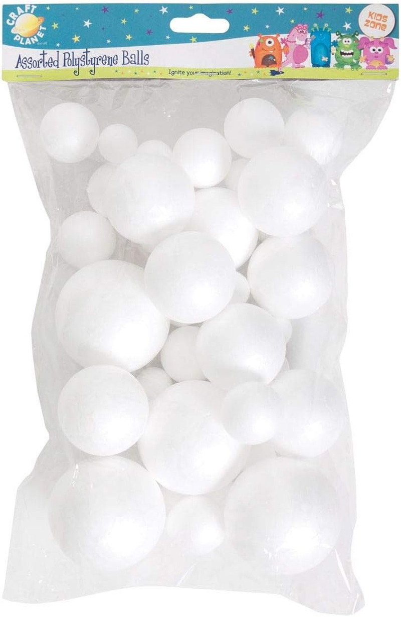Craft Planet Polystyrene Balls 40 Pieces, White, Assorted Sizes, for Arts and Cr