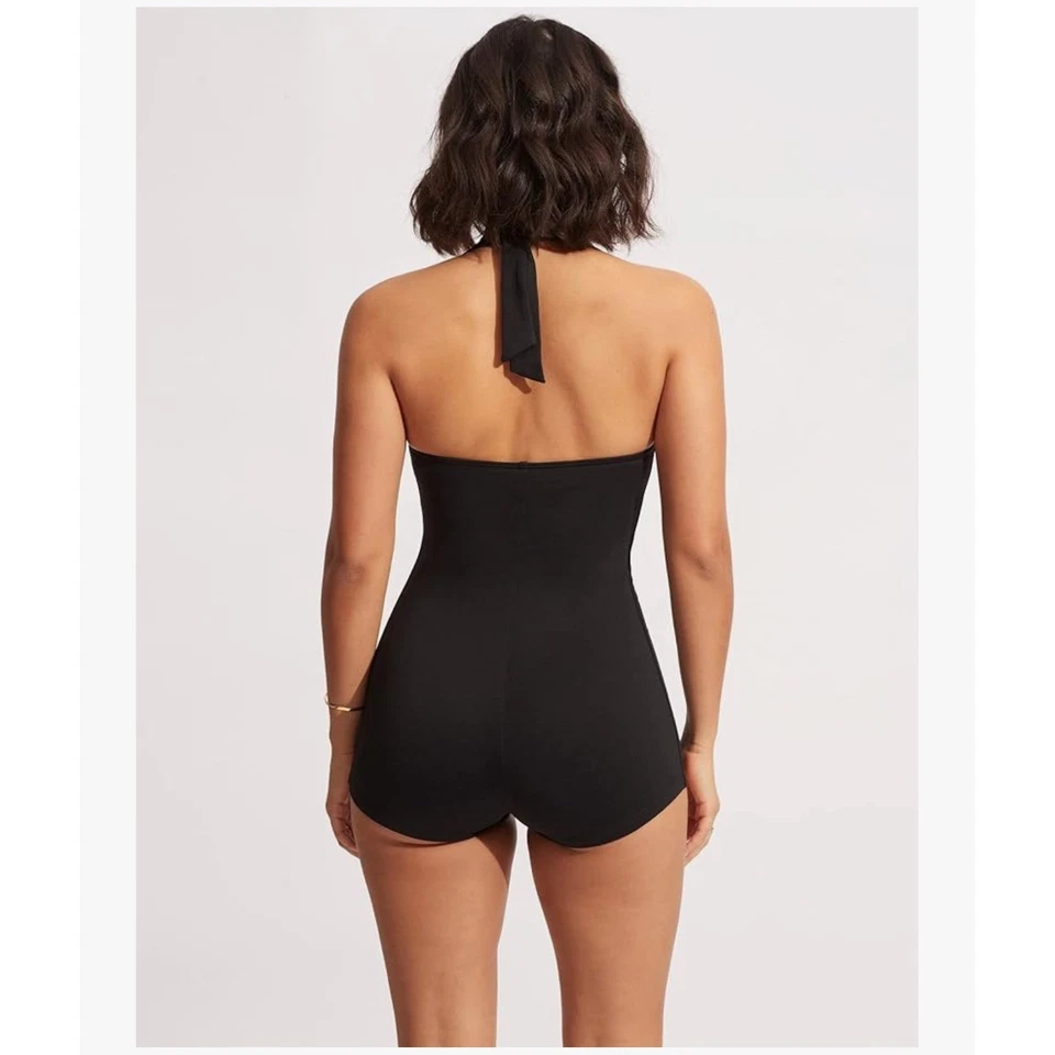 Seafolly Australia Swimsuit Women 12 Black Halter Ruched Sweetheart Boyleg - Image 3 of 4