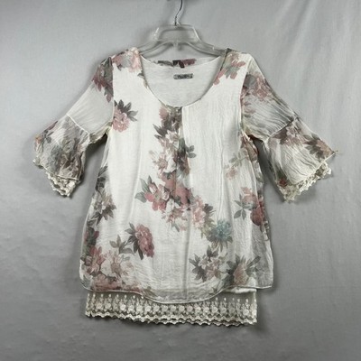 Elena Baldi Italy Silk Floral Tunic Top Small Lace Trim Bell Sleeve Fairy