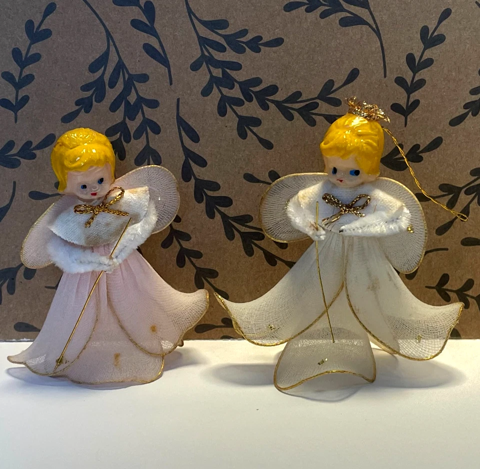 Ancienne décoration NOËL - 2 petits Anges en voile de nylon - Made in Taïwan - Photo 1/4