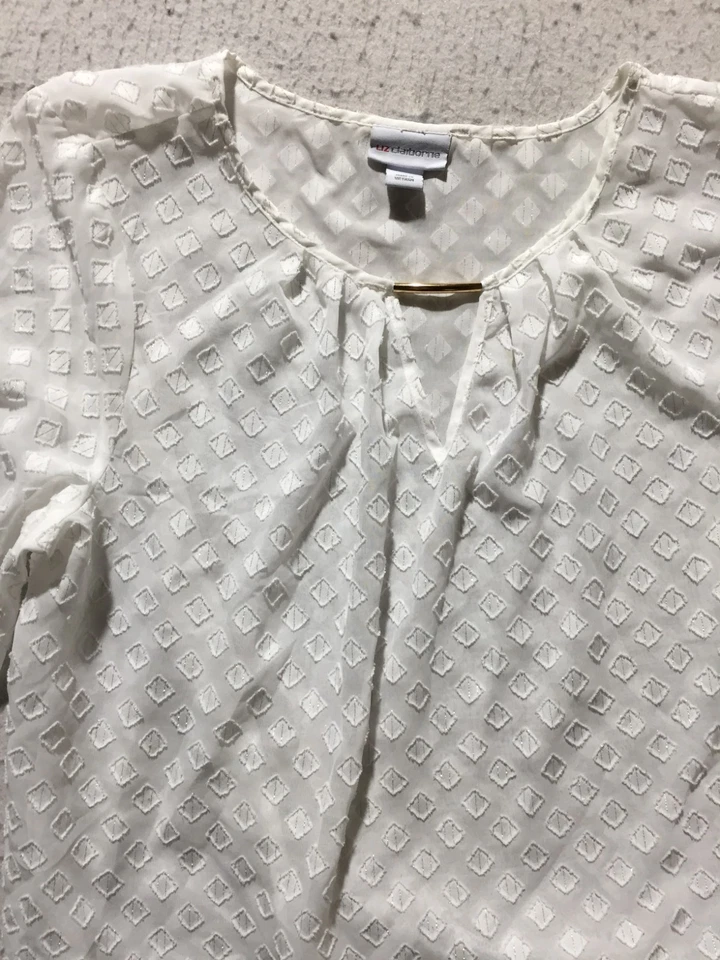 Blusa Liz Claiborne para mujer XL blanca diamante argyle texturizada transparente dividida en V Foto 2 de 4