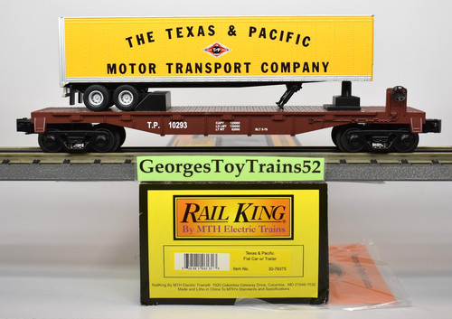MTH RAILKING 3 RIELES O #10293 T&P TEXAS & PACIFIC VAGÓN PLANO CON REMOLQUE 30-76075 NUEVO EN CAJA | Condition: New