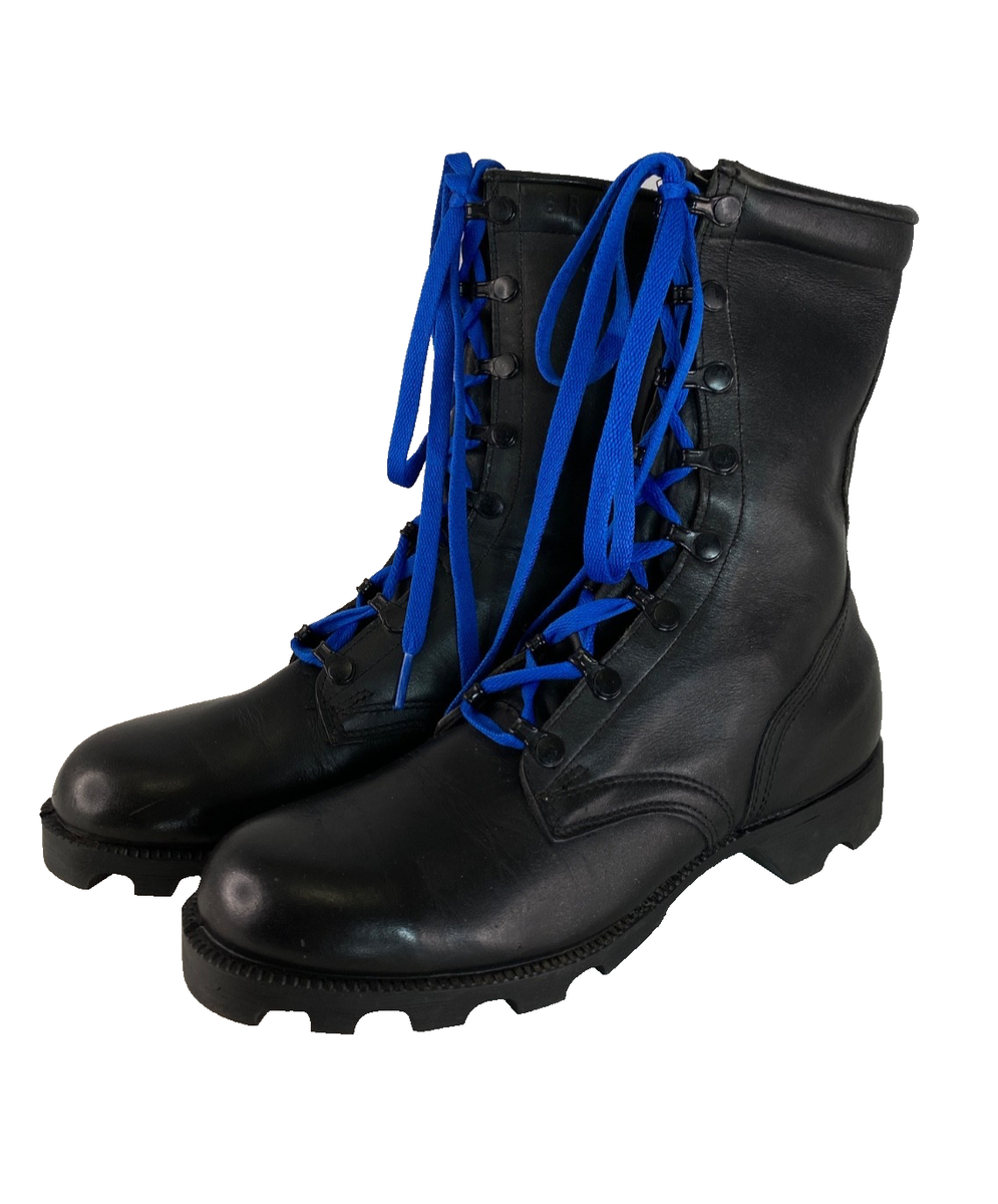 Vintage 1990s men's black leather combat boots 6 blue laces