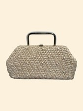 1950s 1960s Vintage Ivory Crocheted Raffia Beaded Handbag Foldable Handle