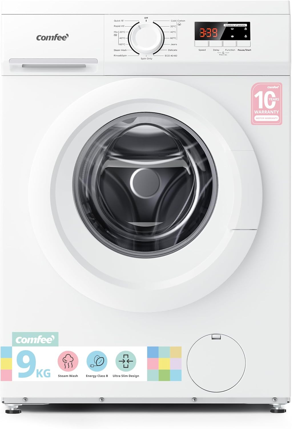 Freestanding Washing Machine,9Kg Load,1400Rpm,Steam Wash,Slim Design,Quick Wash